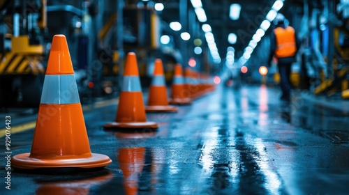 Ensuring Workplace Safety: Worker Setting Up Safety Cones in Assembly Line Maintenance Area with Copy Space for Text