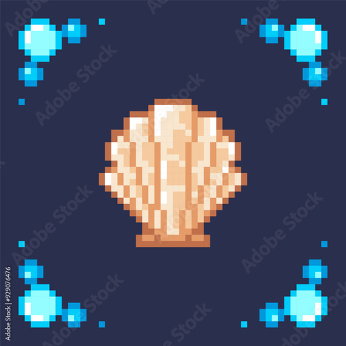 Pixel art icon of shell in frame: Game asset for creating 8bit 2d game with elements of fishing and crafting.