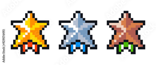 Pixel Art Star Medals Set: Gold, Silver and Bronze Awards for Game Interfaces