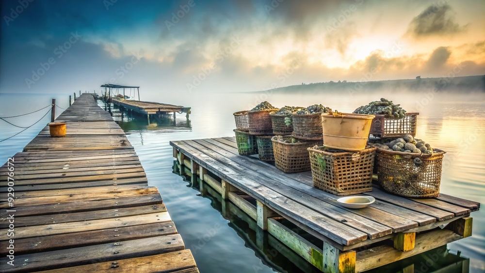 Rustic wooden oyster farm equipment and baskets sit atop a weathered pier, surrounded by serene ocean waters and misty morning atmosphere. Rustic wooden oyster farm equipment and baskets sit atop a weathered pier, surrounded by serene ocean waters and misty morning atmosphere.
