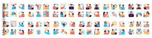 Mega set of different simple concepts with people scene in flat cartoon design. The collections in this image depict situations on various themes with yellow, blue and red colors. Vector illustration.