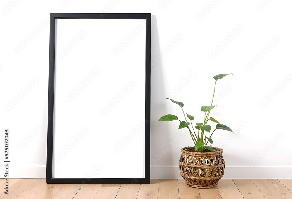A black picture frame on a white wall with a potted plant in the foreground A black picture frame on a white wall with a potted plant in the foreground
