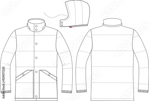Down jacket with hood flat tech apparel sketch