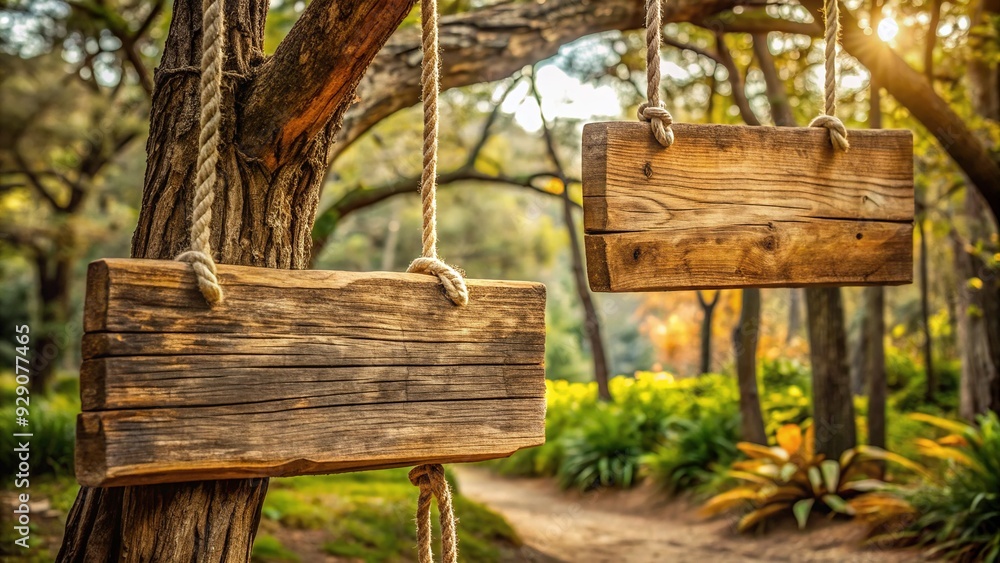 Rustic wooden signs with rope accents hang from a worn tree branch, evoking a sense of vintage charm and adventure in a serene natural setting. Rustic wooden signs with rope accents hang from a worn tree branch, evoking a sense of vintage charm and adventure in a serene natural setting.