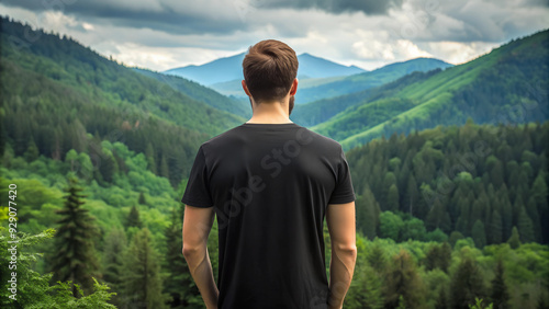 mock up of a man wearing a plain black t-shirt from behind, with a mountain forest background with dense green trees, Ai generated Images