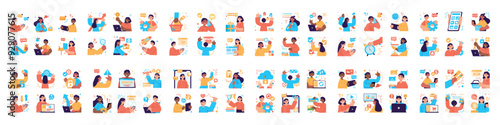Big bundle of color concepts with people scene in flat cartoon design. Startup, cyberspace and many other topics are depicted in this collection with yellow, blue and red colors. Vector illustration.