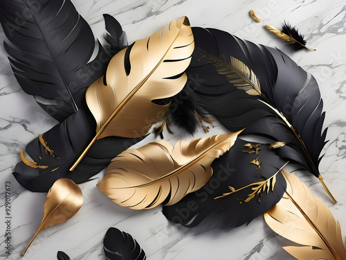 On the marble background there are many  feather