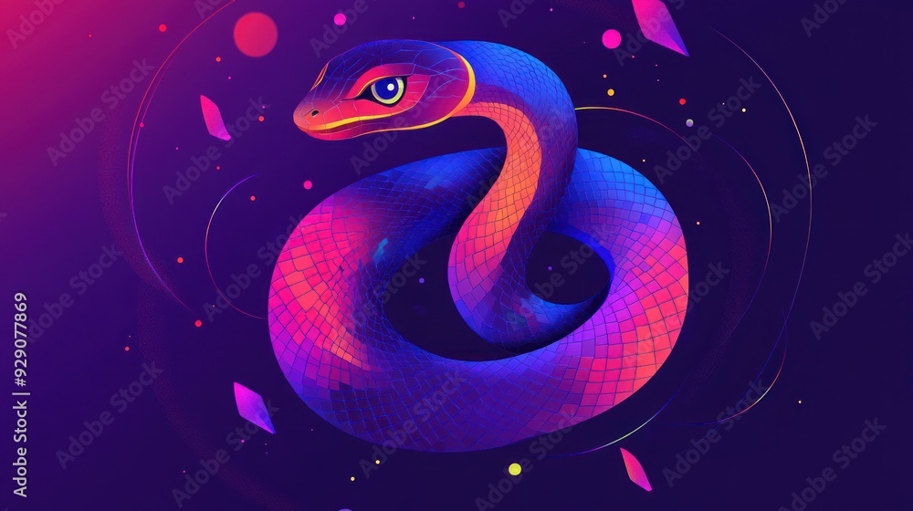 Obraz premium Neon Snake Coiled in a Cosmic Landscape