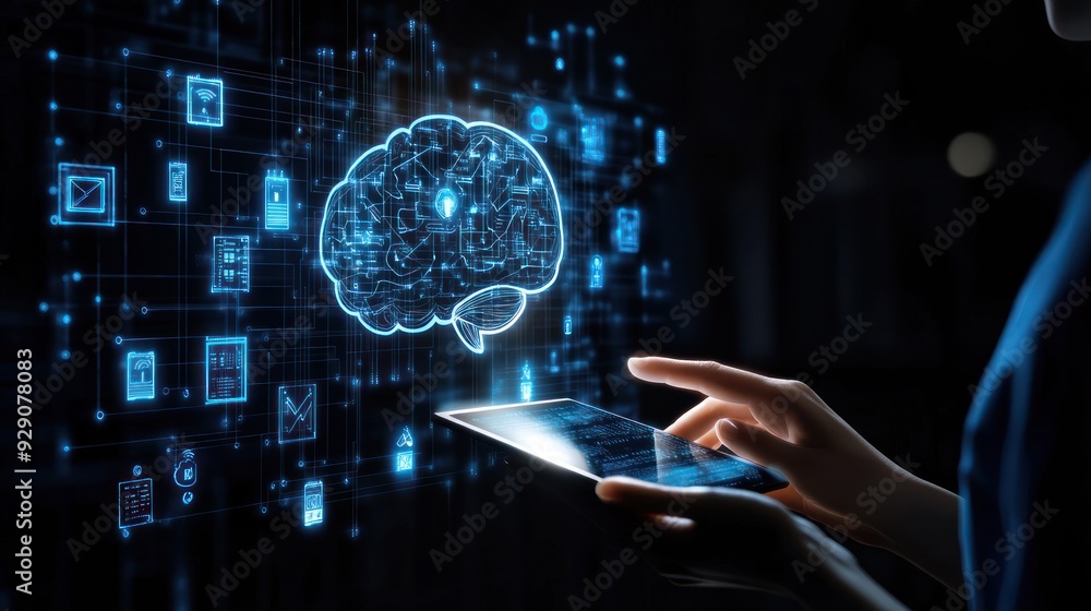 Person Interacting with a Digital Brain Network on a Tablet Person Interacting with a Digital Brain Network on a Tablet