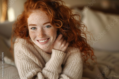 A young girl with curly ginger hair and sun-kissed freckles smiles warmly while relaxing on a couch. 