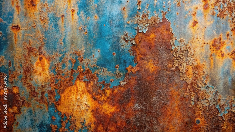 Fototapeta premium Rusty, distressed metal surface with visible scratches, oxidation, and corrosion, showcasing a worn, industrial aesthetic with subtle gradient of blue and orange tones.