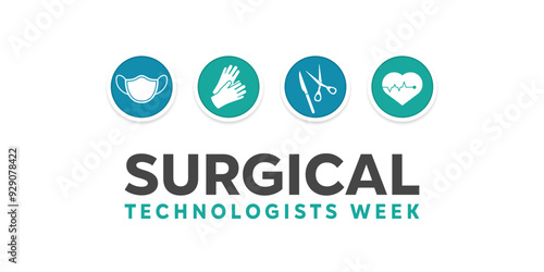 National Surgical Technologists Week. Mask, gloves, knife, scissors and heart. Great for cards, banners, posters, social media and more. White background. 