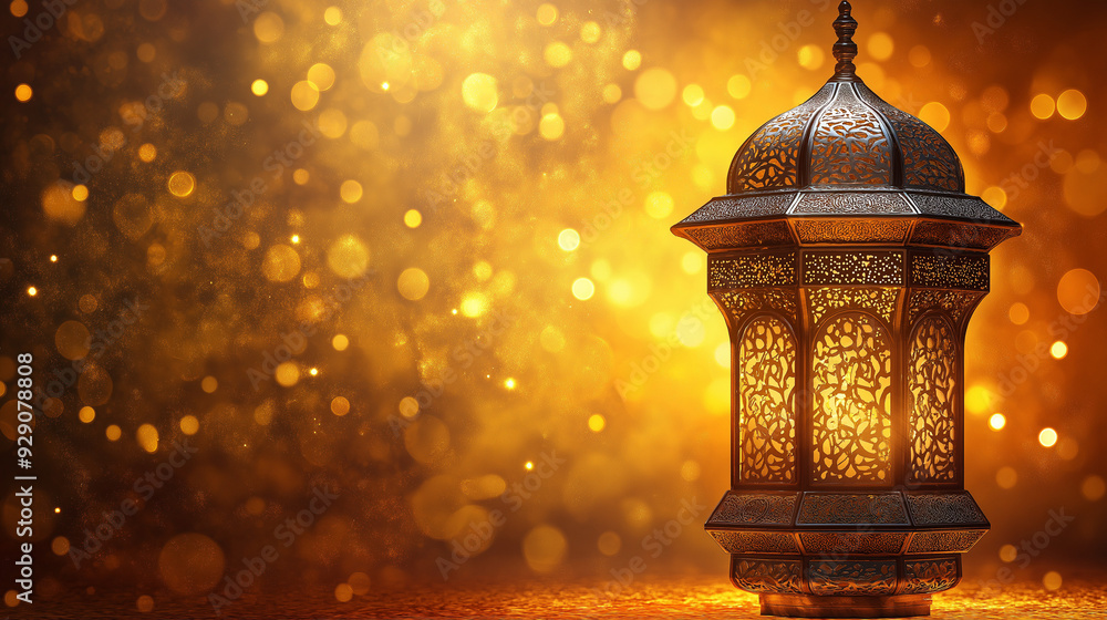 Wooden arabic lantern with orange bokeh background and copy space. Wooden arabic lantern with orange bokeh background and copy space.
