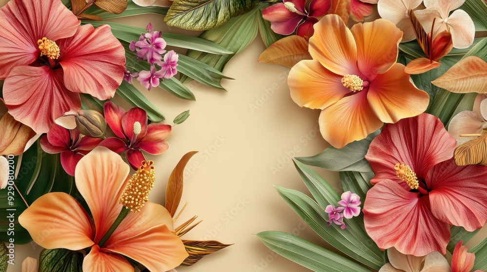 A vibrant floral design featuring various tropical flowers and leaves on a soft background. A vibrant floral design featuring various tropical flowers and leaves on a soft background.
