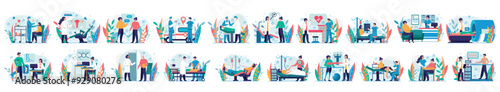 Bundle of medical situations concepts with people scene in flat cartoon design. A large selection of colorful images showing men and women on a blue background. Vector illustration.