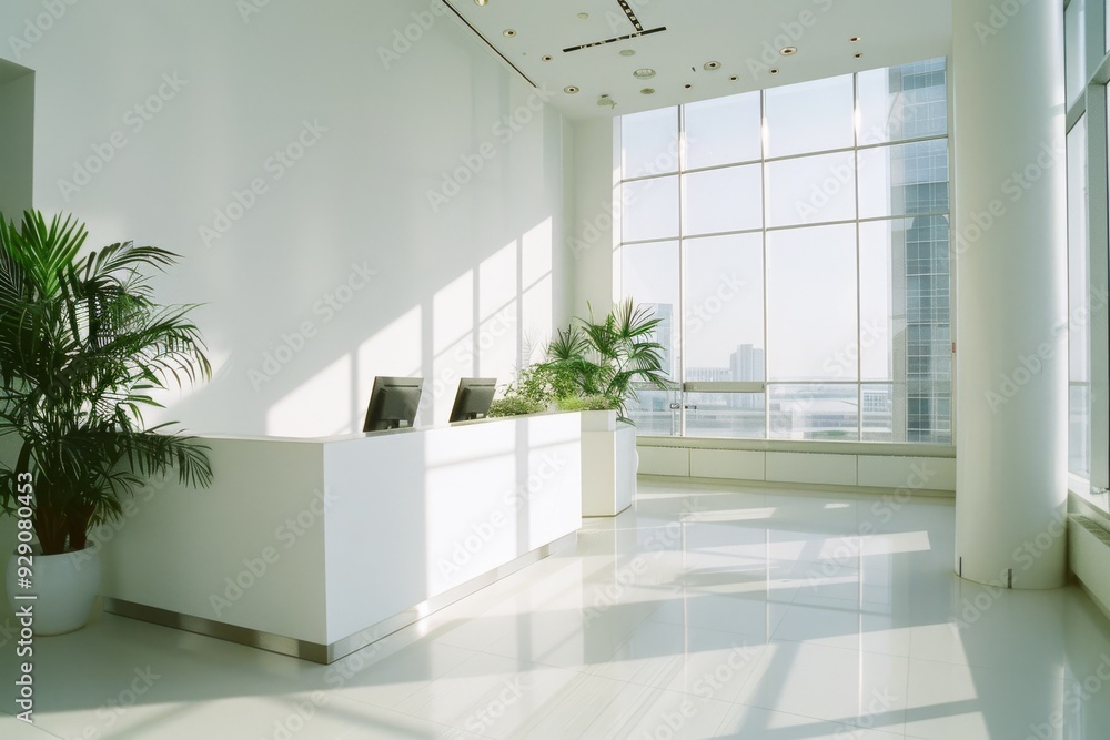 A pristine office lobby with white interiors and abundant natural light streaming through large windows, offering a serene and professional ambiance. A pristine office lobby with white interiors and abundant natural light streaming through large windows, offering a serene and professional ambiance.