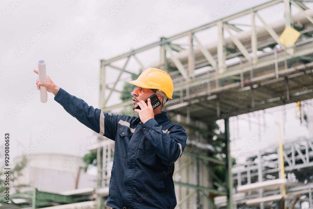 professional man workers engineer in construction industry uses a smartphone to discuss project updates on site. the integration of technology and effective communication in construction management. professional man workers engineer in construction industry uses a smartphone to discuss project updates on site. the integration of technology and effective communication in construction management.