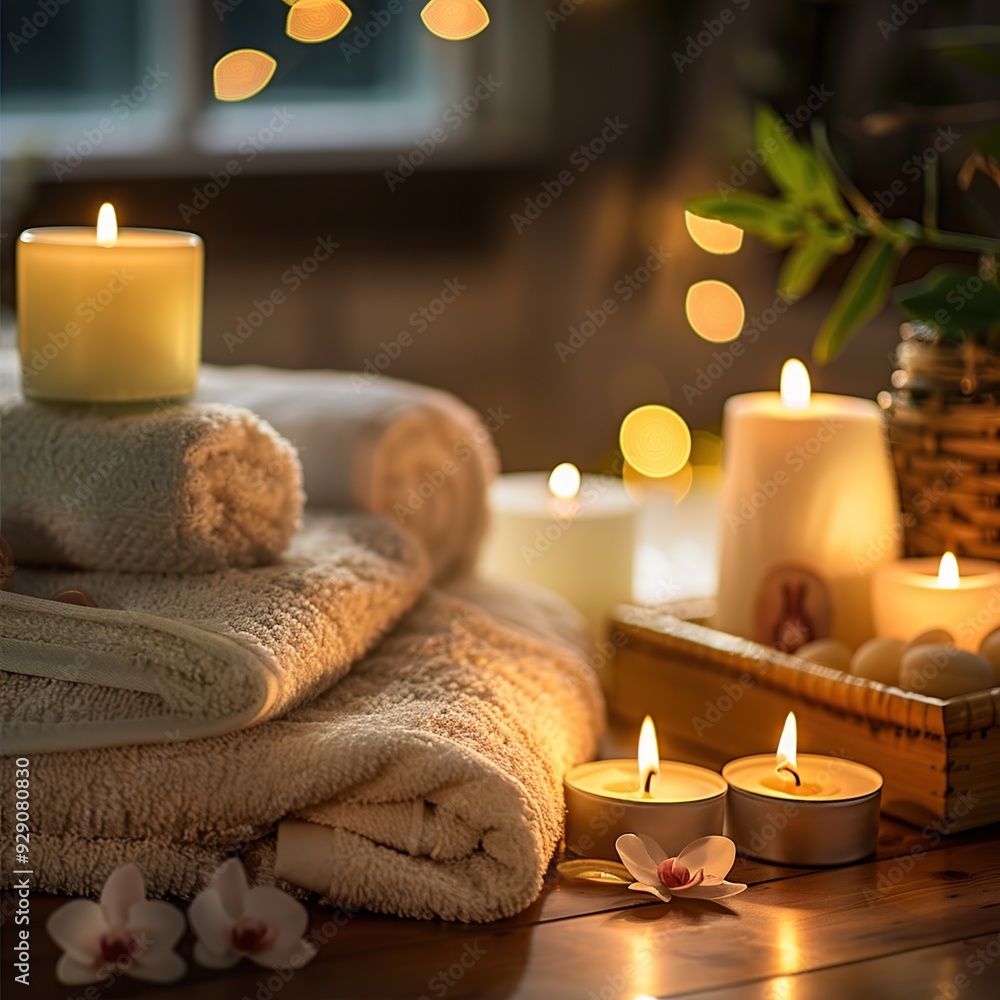 Luxurious Spa Setting with Candles, Towels, and Aromatherapy Oils, Creating a Peaceful and Relaxing Luxurious Spa Setting with Candles, Towels, and Aromatherapy Oils, Creating a Peaceful and Relaxing