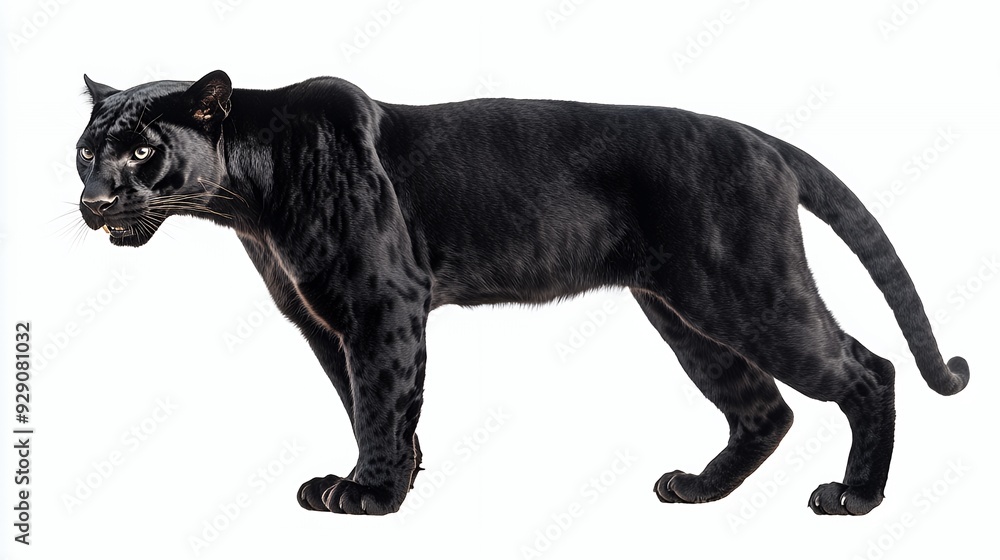 A black panther standing in profile against a white background. A black panther standing in profile against a white background.