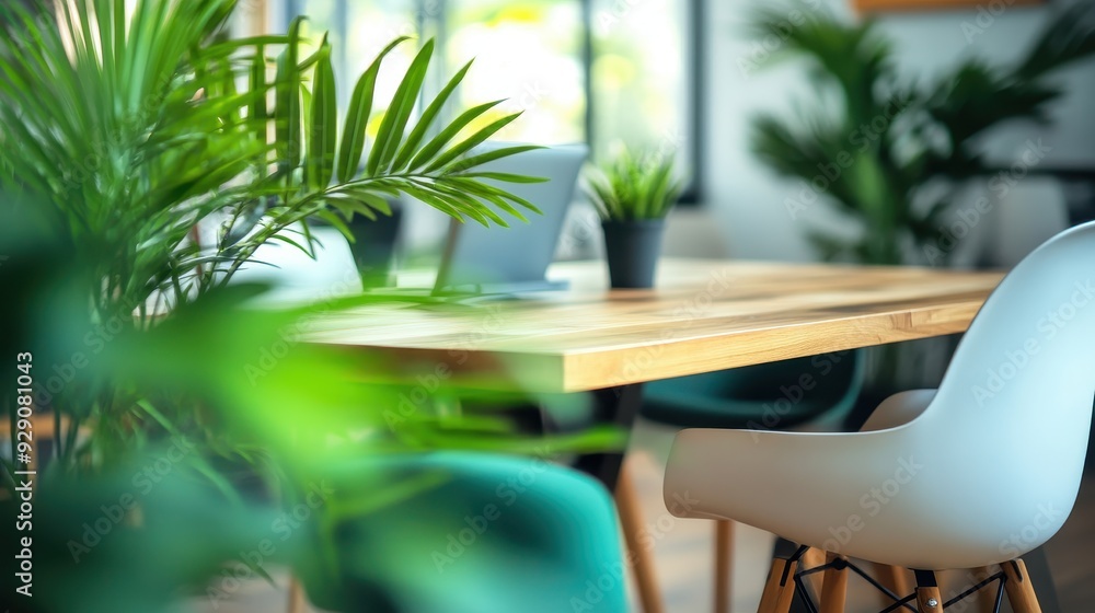 Obraz premium A vibrant workspace featuring a wooden table surrounded by green plants and stylish chairs