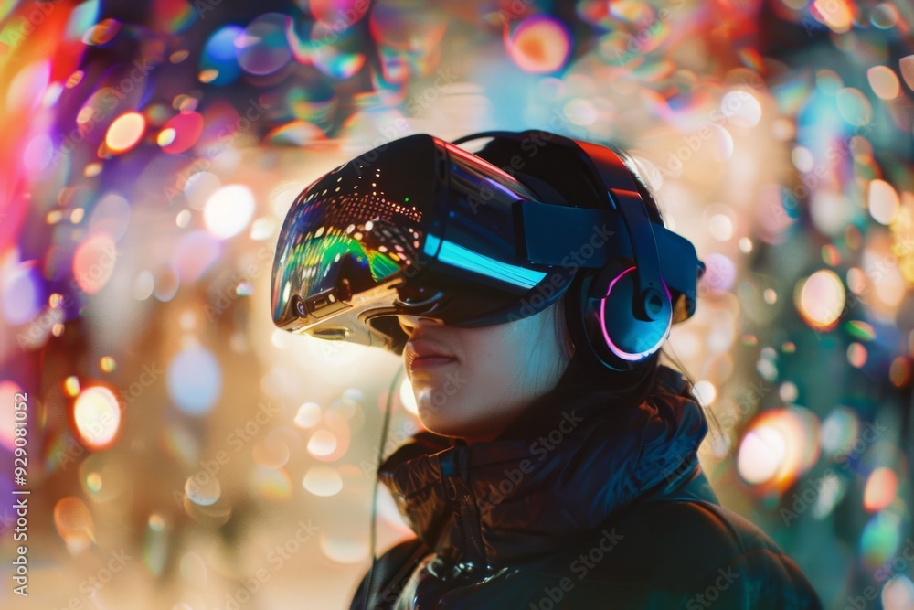 Person in a high-tech VR headset experiences a vibrant, neon-lit digital world, symbolizing the fusion of reality and digital fantasies. Person in a high-tech VR headset experiences a vibrant, neon-lit digital world, symbolizing the fusion of reality and digital fantasies.