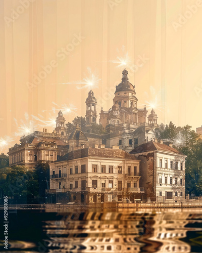 Csepel Island Cityscape Double Exposure Poster - A building with a large roof photo