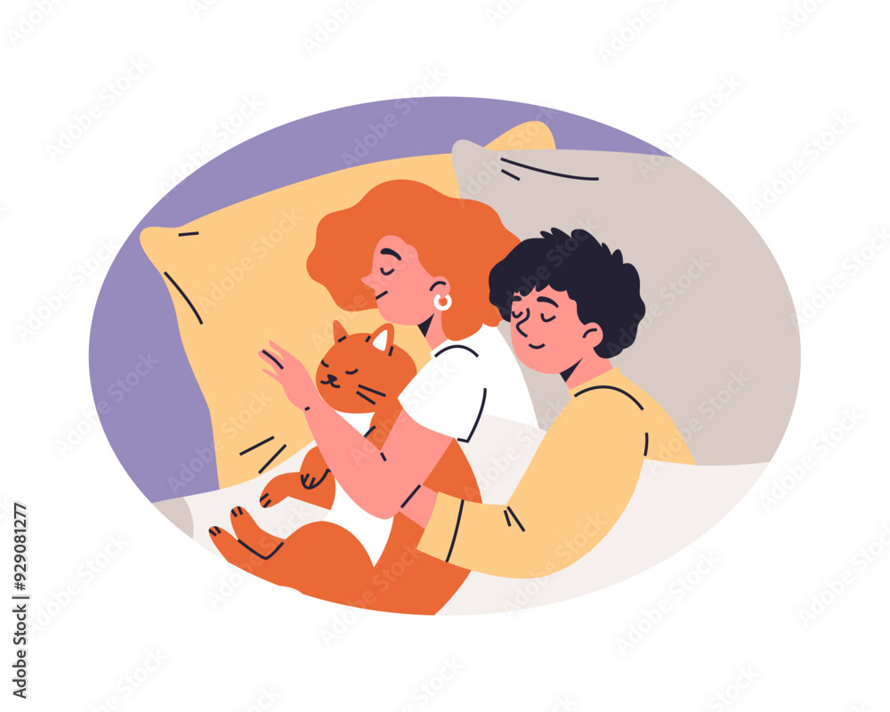 Couple cuddling with cat on bed in isolated round frame. Couple cuddling with cat on bed in isolated round frame.