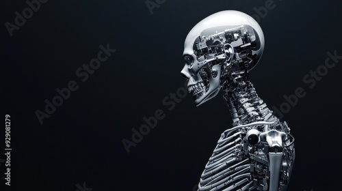 A futuristic robot skeleton showcasing intricate mechanical details against a dark background, merging technology with anatomy.