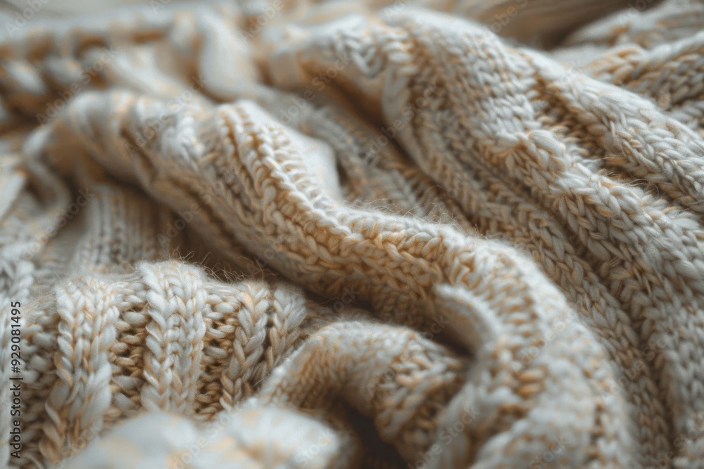 Close-up of a cozy knitted fabric, interwoven in soft, warm hues, inviting warmth and comfort. Close-up of a cozy knitted fabric, interwoven in soft, warm hues, inviting warmth and comfort.