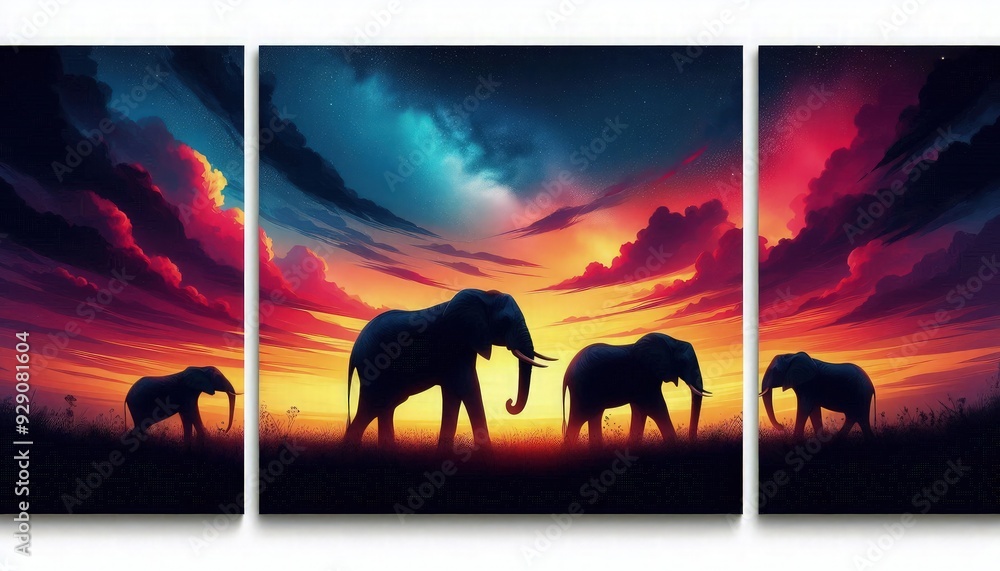 HD triptych art of elephants silhouetted against a twilight sky, vibrant sunset colors, detailed silhouettes, digital painting HD triptych art of elephants silhouetted against a twilight sky, vibrant sunset colors, detailed silhouettes, digital painting