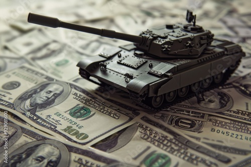 A toy tank placed amongst a plethora of U.S. hundred-dollar bills, symbolizing the cost of defense and military expenditures.