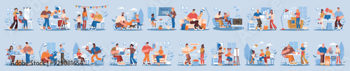 Mega set of big character concepts with people scene in flat cartoon design. Illustrations cover life situation in many aspects with red, blue and orange colors. Vector illustration.