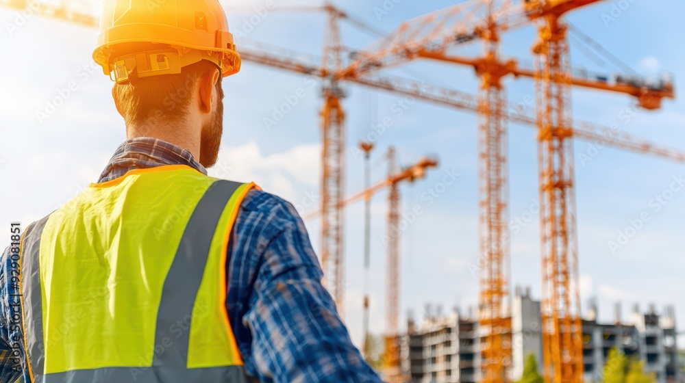A construction worker in a safety vest and helmet observes a building site with cranes during a sunny day. A construction worker in a safety vest and helmet observes a building site with cranes during a sunny day.