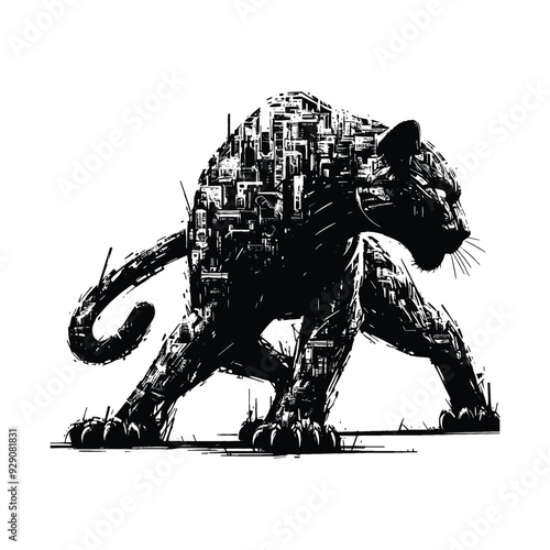 silhouette of Panther filled with destroyed futuristic dystopia environment in rough drawing, minimalist,