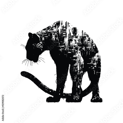 silhouette of Panther filled with destroyed futuristic dystopia environment in rough drawing, minimalist,