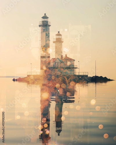 Lauttasaari skyline double exposure poster - A lighthouse on a small island in the water photo