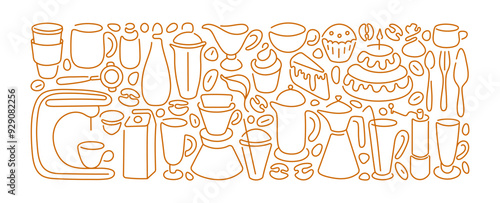 Coffee line bakery art banner. Cups, glass, bean