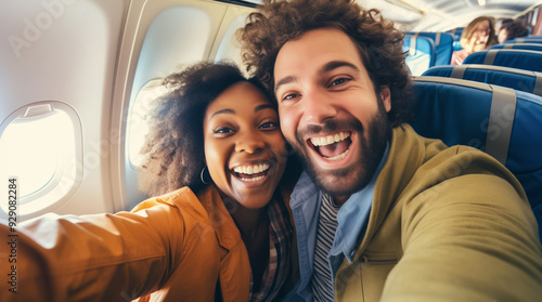 Happy laughing couple passengers taking selfie together sits in seat on an airplane enjoying flight