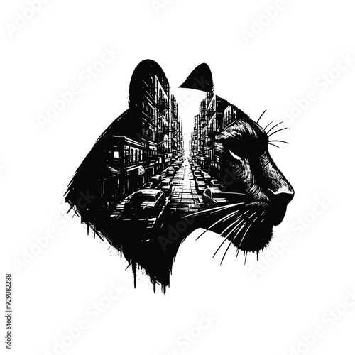 silhouette of Panther , filled with ghetto street in rough drawing, minimalist,