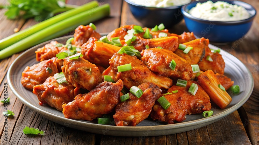 Savory buffalo chicken wings piled high on a plate, garnished with celery sticks and blue cheese dressing, ready for a satisfying snack. Savory buffalo chicken wings piled high on a plate, garnished with celery sticks and blue cheese dressing, ready for a satisfying snack.