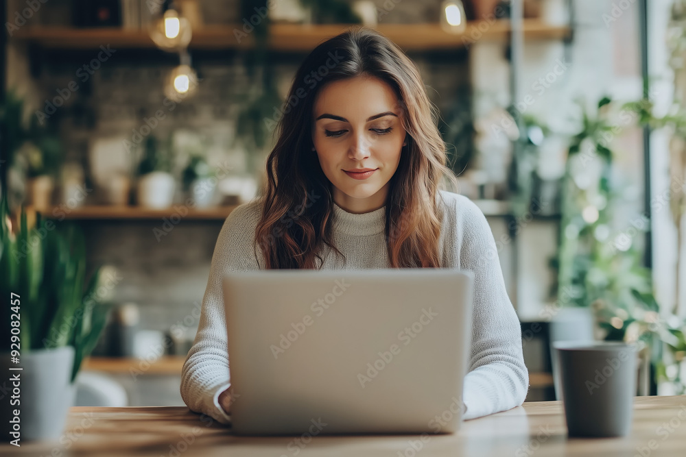 Woman working on a laptop in a cozy café Remote work concept Woman working on a laptop in a cozy café Remote work concept