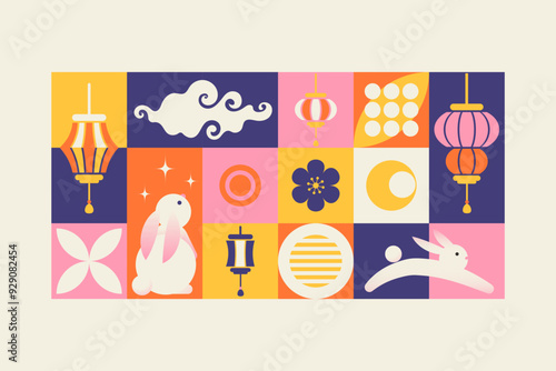 Mid Autumn festival flat style poster, greeting card, background, geometry banner