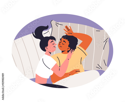 Vector illustration of a loving couple falling asleep in the bedroom in each other's arms
