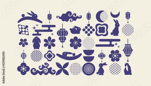 Monochrome set of Chinese Mid Autumn Festival Design elements, rabbits, moon, cherry flowers, lanterns, clouds, geometry minimalistic collection