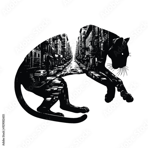 silhouette of Panther filled with ghetto street in rough drawing, minimalist,