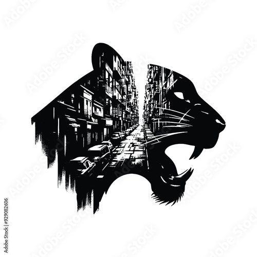 silhouette of Panther , filled with ghetto street in rough drawing, minimalist,