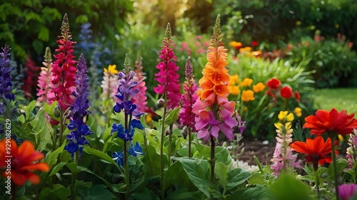 A vibrant and lively flower garden, bursting with a rainbow of colors and textures, set against a backdrop of lush greenery and blooming springtime beauty.