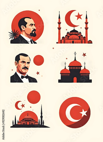 a vector icon sets of Atatrks profile with a picture of a mosque and a turkish flag with antkabir photo