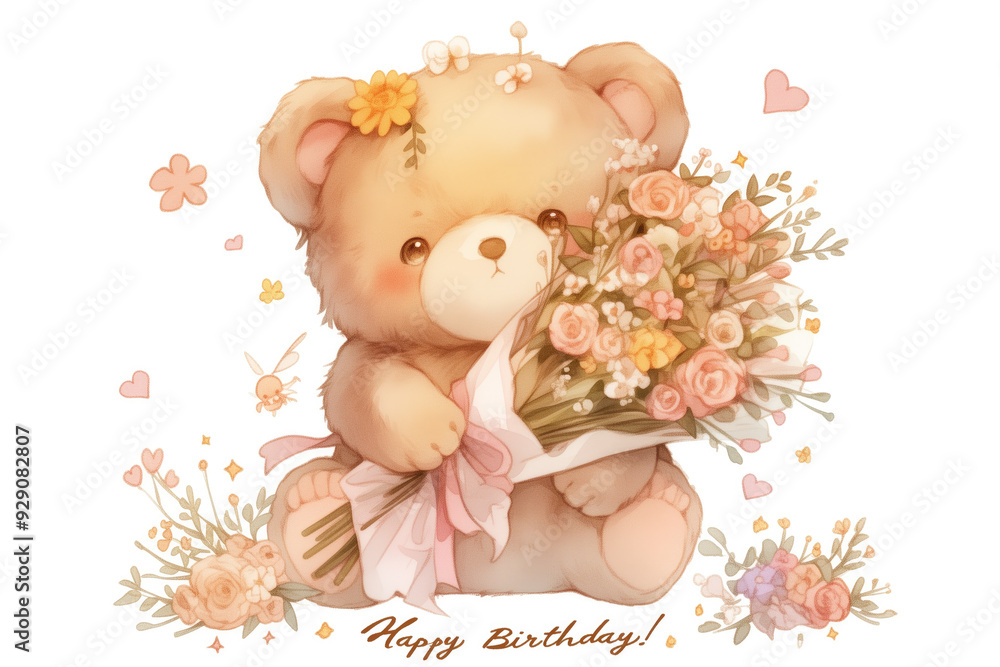 Teddy bear holding a flower bouquet. Happy Birthday Card Teddy bear holding a flower bouquet. Happy Birthday Card