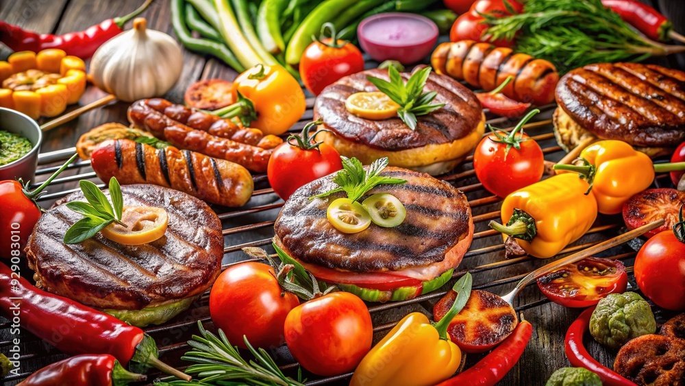 Savory sliced meats, including juicy burgers and crispy bacon, sizzle on a grill, surrounded by vibrant vegetables, and arranged artfully for a summer cookout. Savory sliced meats, including juicy burgers and crispy bacon, sizzle on a grill, surrounded by vibrant vegetables, and arranged artfully for a summer cookout.